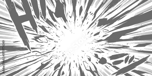A dynamic black and white manga panel illustrating a powerful impact with intense radial lines isolated on white background, Vector, illustration