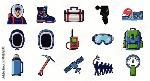 Collection of expedition and adventure gear icons: arctic explorer, boot, suitcase, anemometer, iceberg, helmet, GPS, radio, goggles, backpack, thermos, ice axe, satellite, team, compass