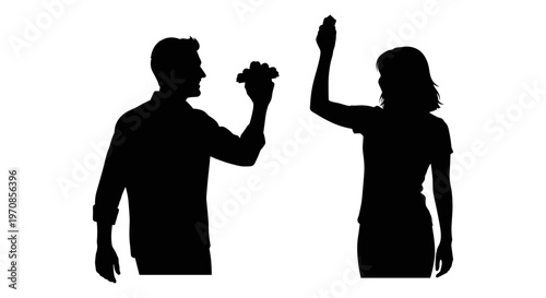 Two silhouettes engaging in a playful hand gesture with a remote control Vector, illustration