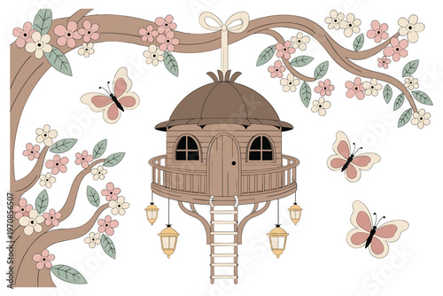 Cute treehouse with blooming cherry blossom trees and flying butterflies in spring.