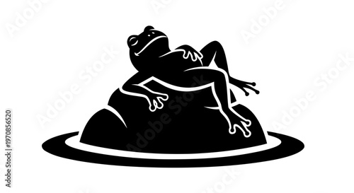 Isolated cartoon vector illustration of a black silhouette crown and Christmas bell with a cute green frog wearing a red skate shoe on white ice
