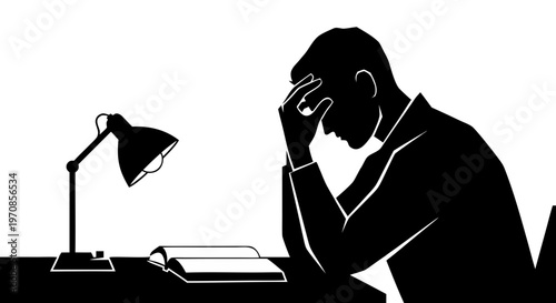 Vector illustration of a young woman sitting at a cafe desk with a laptop and reading while her black profile shadow creates a business person silhouette