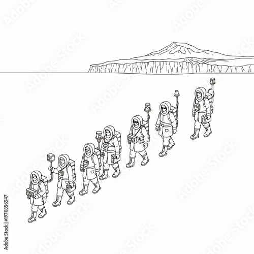 Astronauts in protective suits walking in a line across a barren landscape with a mountain in the background, line art illustration.