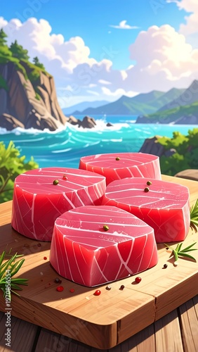 A serene coastal scene featuring raw tuna steaks on a wooden board