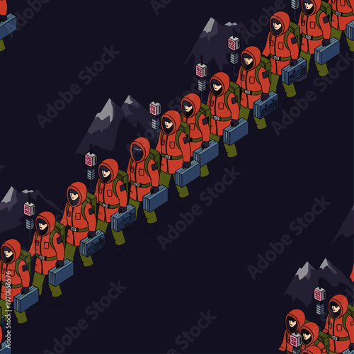 Seamless pattern of people in orange hooded jackets and carrying suitcases, walking in a line against a dark background with mountains.