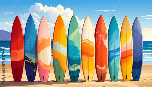 A row of colorful surfboards on a sandy beach