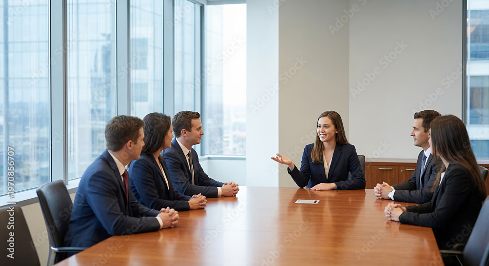 Obraz premium A group of business professionals in a meeting room, with one woman speaking and gesturing to the others who are listening attentively.