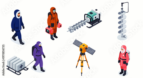 Isometric set of polar exploration and research elements, including scientists, explorers, ice augers, and surveying equipment for arctic expeditions.