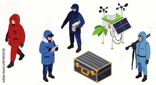 Arctic researchers in winter gear conducting climate studies and environmental monitoring. Polar expedition with scientists, weather station, and specialized equipment.