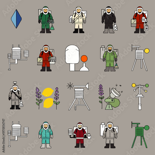 Comprehensive collection of flat design vector icons showcasing scientists, researchers, and specialized equipment for science, technology, and environmental exploration.