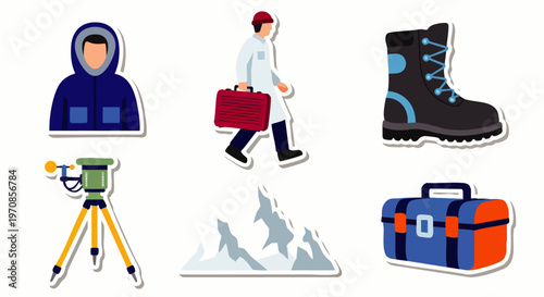 Collection of professional and outdoor adventure flat design stickers. Includes explorer, scientist, hiking boot, surveying equipment, mountain, and toolbox icons.