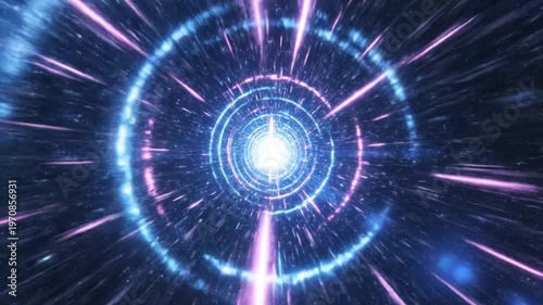Vibrant blue and pink light rays burst from a glowing center in a dark space with swift motion.