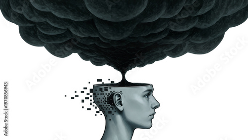 Woman s head with open skull dark smoke emerging, pixelated disintegration effect