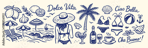 Hand Drawn Italian Summer Vacation Elements in Grunge Chalk Sketch Style with Travel Lettering, Doodle Illustrations for Poster, Menu, Placard Print and Decorative Design Collection