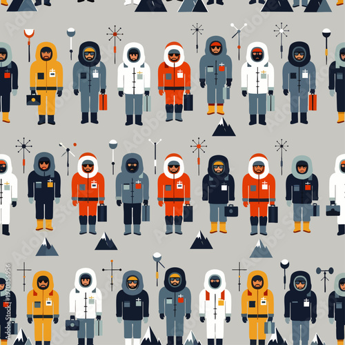 Modern geometric seamless pattern featuring a diverse group of stylized explorers in colorful winter parkas, ready for adventure and expedition in cold climates.