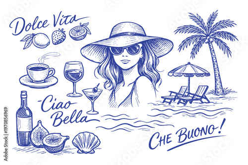 Italian Style Summer Vacation Hand Drawn Vector Illustration Set with Grunge Chalk and Charcoal Doodle Sketch Elements, Lettering Design for Poster, Menu, Placard and Decoration