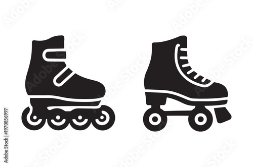 Black and white illustration of two different styles of roller skates