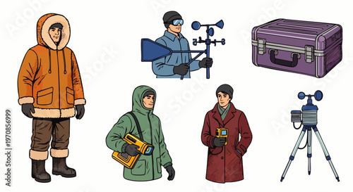 Meteorologists and scientists in winter clothing with weather monitoring equipment. Diverse set of people holding anemometers, thermometers for climate research.