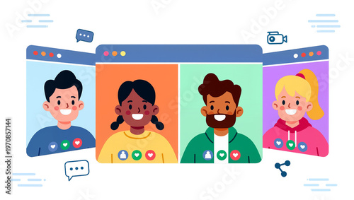 Four smiling diverse people video conferencing, sharing reactions and chat bubbles