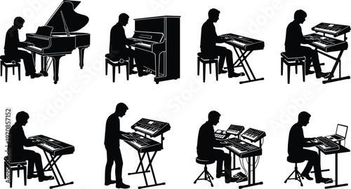 Musician playing piano and electronic keyboard silhouette set, featuring grand piano, upright piano, synthesizer and digital music performance poses in black vector illustration