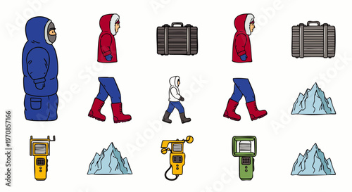 Arctic Expedition Gear and Figures: Parka, Suitcase, Icebergs, and Scientific Equipment