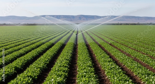 A vast agricultural field with crops growing in rows under a sprinkler system on a sunny day