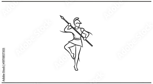 Ancient Greek Warrior Woman Dancing with Spear, Line Art Illustration