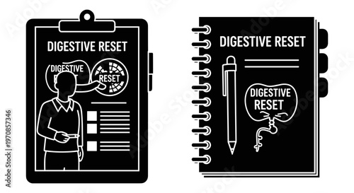 Digestive reset notebook and pen set for health tracking and journaling Vector, illustration