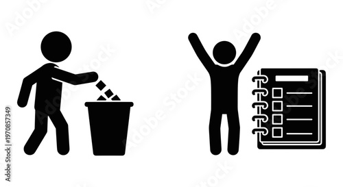 Two figures representing waste disposal and checklist management for organization. Vector, illustration