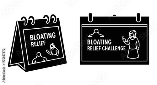 Funny signs promoting bloating relief and a related challenge with humorous illustrations Vector, illustration
