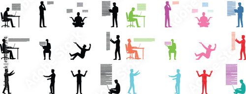 Set of human silhouette figures in various service and daily interaction poses with solid fill shapes, minimal flat vector collection