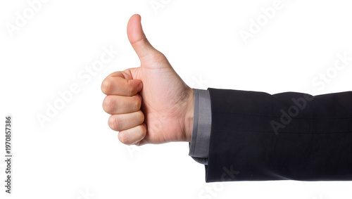 Bild auf Leinwand Man s arm in black suit sleeve giving thumbs-up gesture, showing positivity