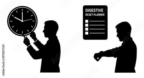 Two figures illustrating the concept of time management and digestive system awareness Vector, illustration