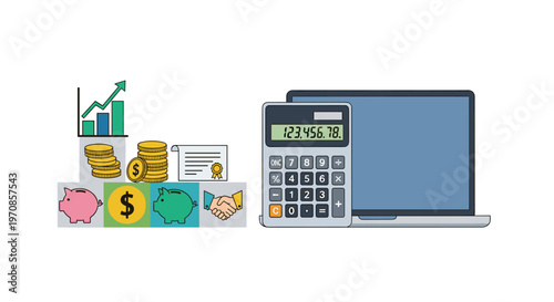 Financial icons on colorful blocks are arranged next to a gray laptop and a black calculator on a white background.