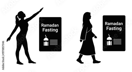 Illustrations depicting individuals observing ramadan fasting with traditional attire Vector, illustration