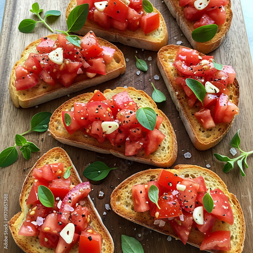 Fresh homemade bruschetta with toasted bread, diced tomatoes, garlic, and fresh basil leaves on a rustic wooden cutting board