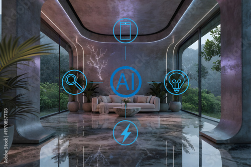 Futuristic AI Smart Living Room Interior – Luxury Automated Home with Glass Walls & Ambient Lighting