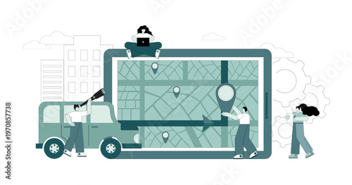 Online map. Navigator. People plan trips using the navigator. Calling a taxi using gadgets.eps