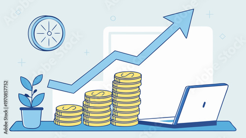 Gold price increase concept with stacked coins and upward arrow representing strong investment performance.