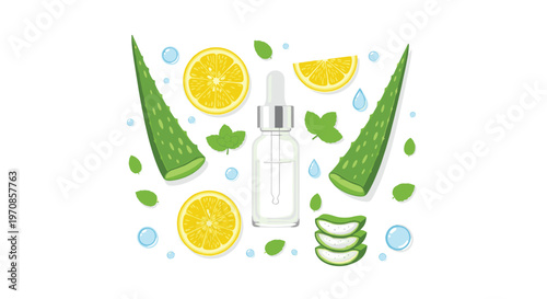A clear glass dropper bottle is surrounded by aloe vera leaves, lemon slices, mint leaves, and water droplets on a white background.