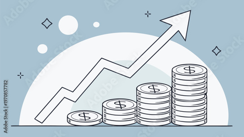 Gold trading opportunity concept with increasing coin stacks and upward trend chart showing market growth.