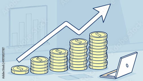 Precious metal investment growth shown with gold coins and rising financial chart indicator.