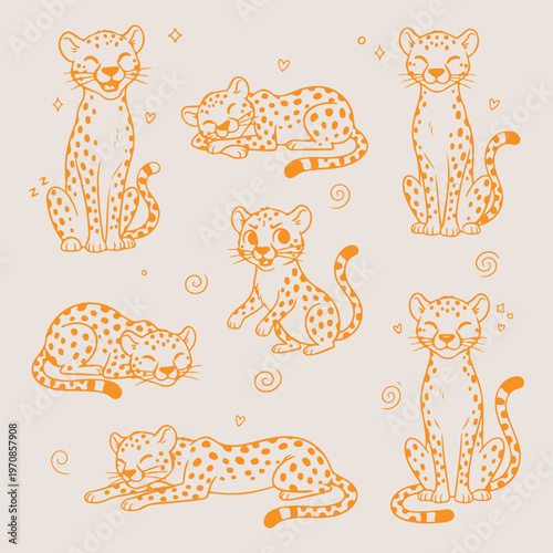 Leopard wild cat poses, exotic cheetah animal icons, big cat safari vector, jungle predator animal sketches, wildlife feline nature art, majestic leopard character doodles, wild animal behavior line a