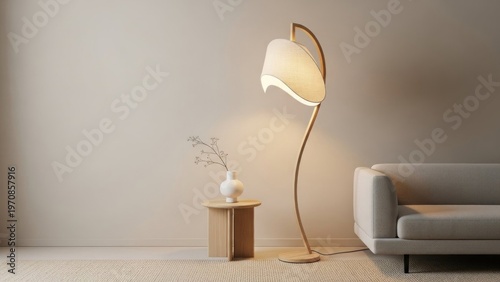A serene living room interior with a floor lamp on a side table beside a couch