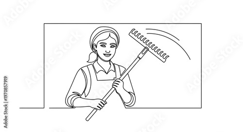 Woman gardener holding rake, preparing for yard work, outdoor scene, line art