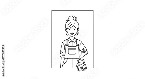 Woman Gardener in Overalls and Gloves, Line Art Illustration