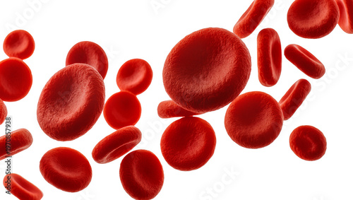Vivid red blood cells floating, displaying various biconcave shapes and sizes