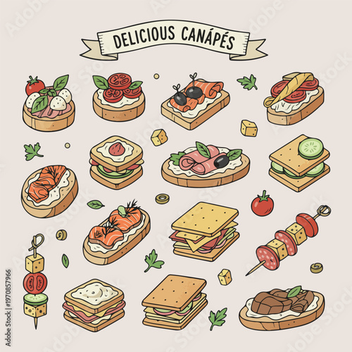 Delicious canape appetizer set, gourmet party food icons, catering buffet snacks vector, bruschetta finger food art, restaurant menu food sketches, party celebration food doodles, diverse appetizer pl