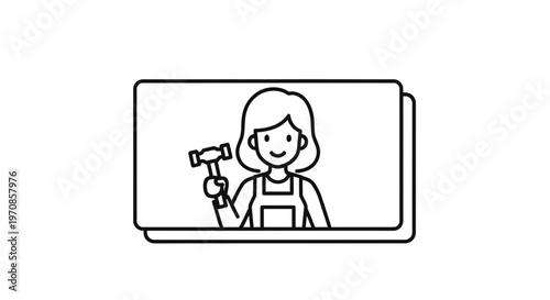 Woman holding hammer in front of screen, DIY, crafting, home improvement, online tutorial