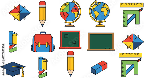 Education School Icons Set with Globe Pencil Blackboard Backpack Ruler Vector